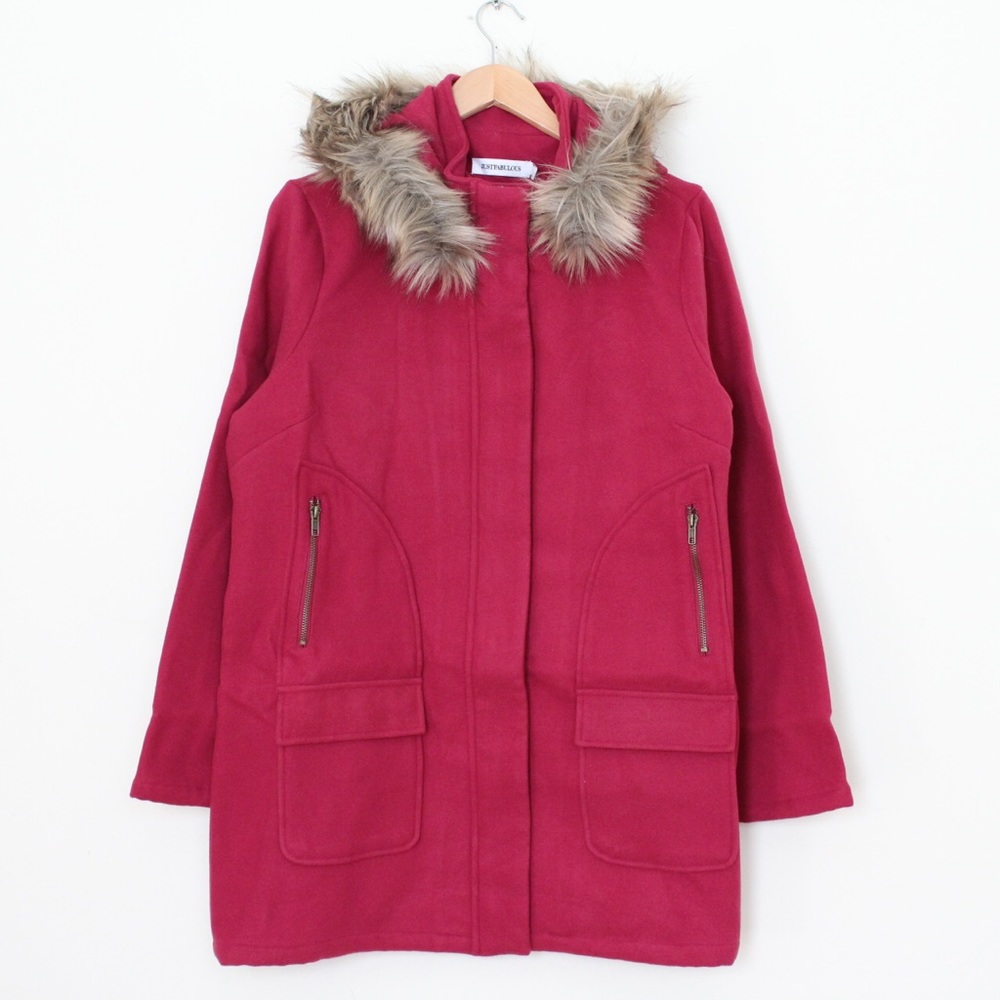 JustFab Pink Parka Jacket Faux Fur Hood Full Zip